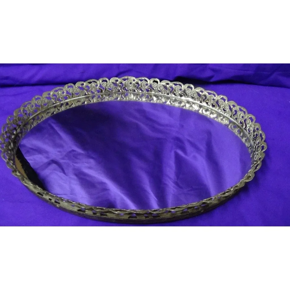 Vanity Tray Mirror Vintage Oval Dresser Gold Filigree Hollywood Regency #183